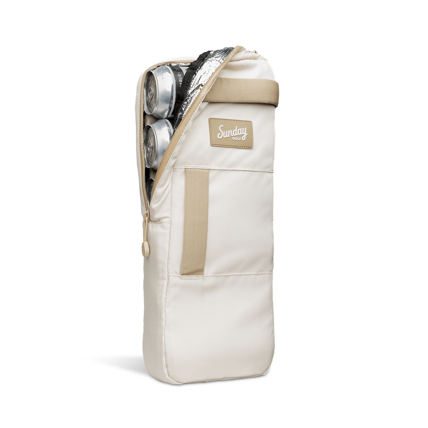 A front shot of big frosty golf cooler bag in toasted almond unzipped showing canned drinks inside