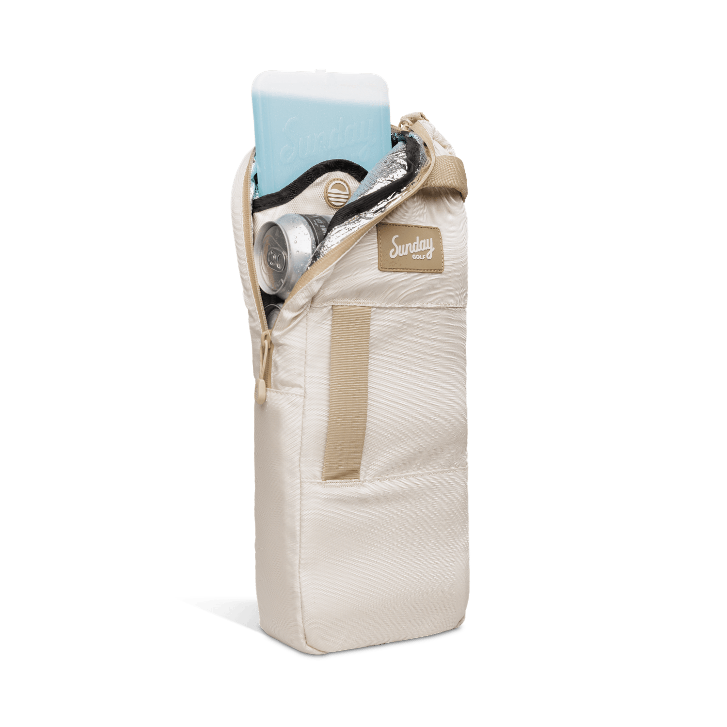 A front shot of big frosty golf cooler bag in toasted almond unzipped showing an icepack and canned drinks inside