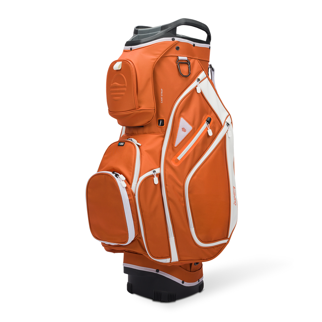 Front shot of Big Rig golf bag in burnt orange showing the pockets and some of its features