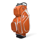 Front shot of Big Rig golf bag in burnt orange showing the pockets and some of its features