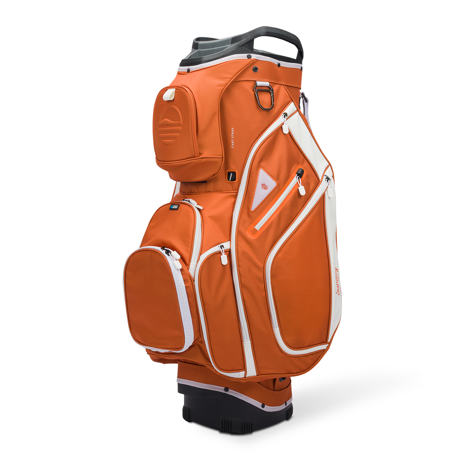 Front shot of Big Rig golf bag in burnt orange showing the pockets and some of its features
