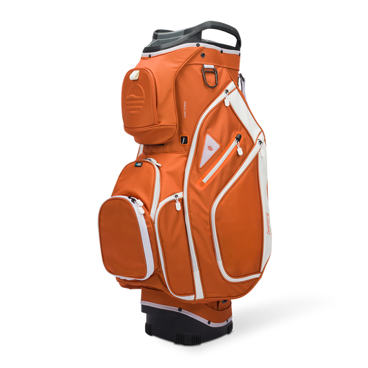 Front shot of Big Rig golf bag in burnt orange showing the pockets and some of its features