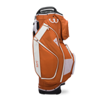 Side shot of Big Rig golf bag in burnt orange showing the glove holder, easy access pockets and other features of the bag