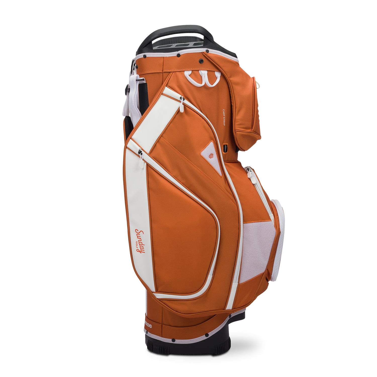 Side shot of Big Rig golf bag in burnt orange showing the glove holder, easy access pockets and other features of the bag