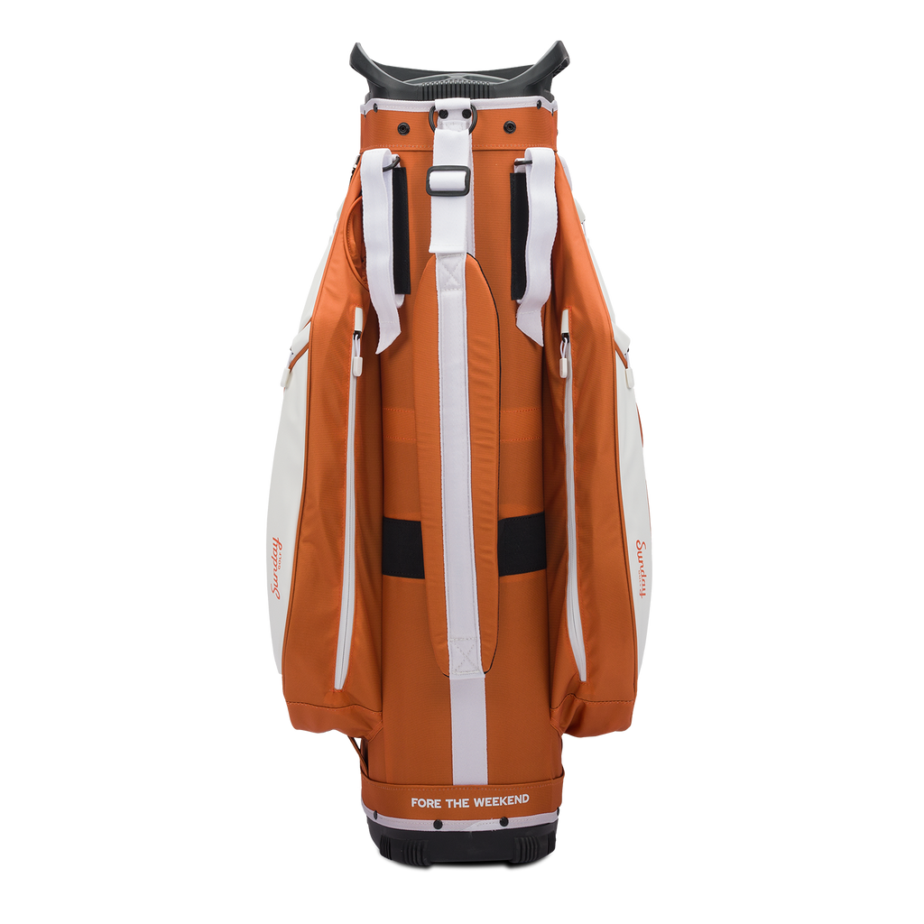Back shot of Big Rig golf bag in burnt orange showing the strap of the bag