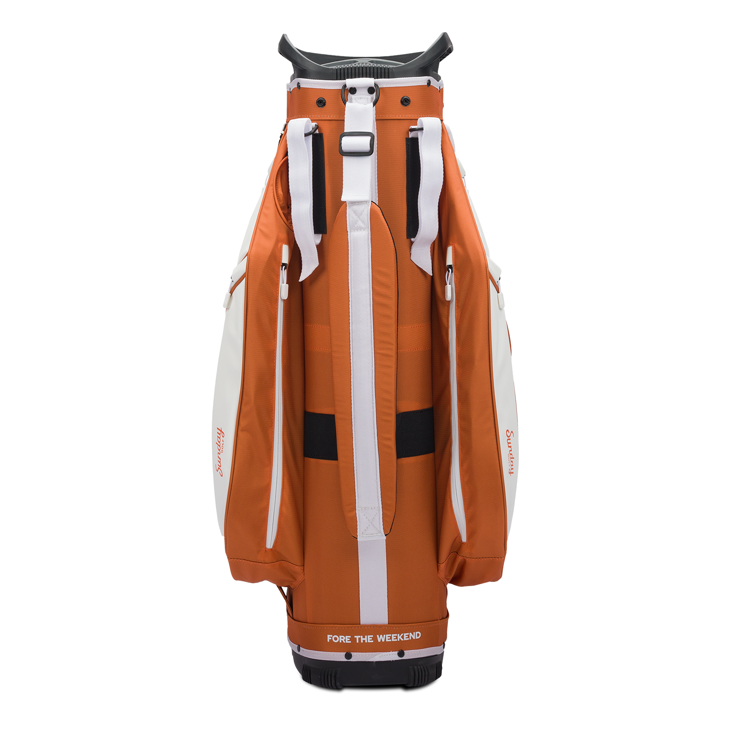 Back shot of Big Rig golf bag in burnt orange showing the strap of the bag