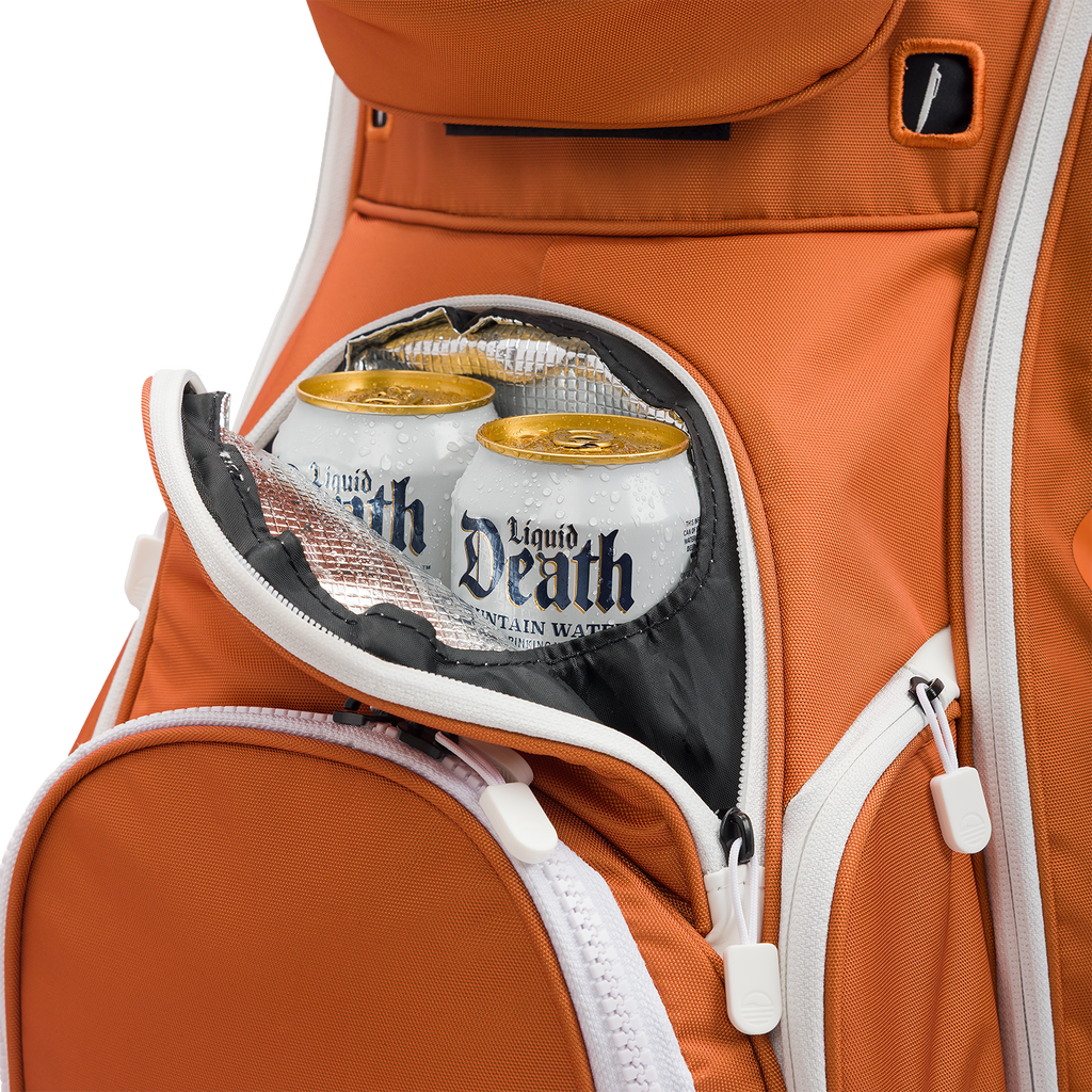 The Big Rig burnt orange's 7 can frosty pocket showcasing beer 