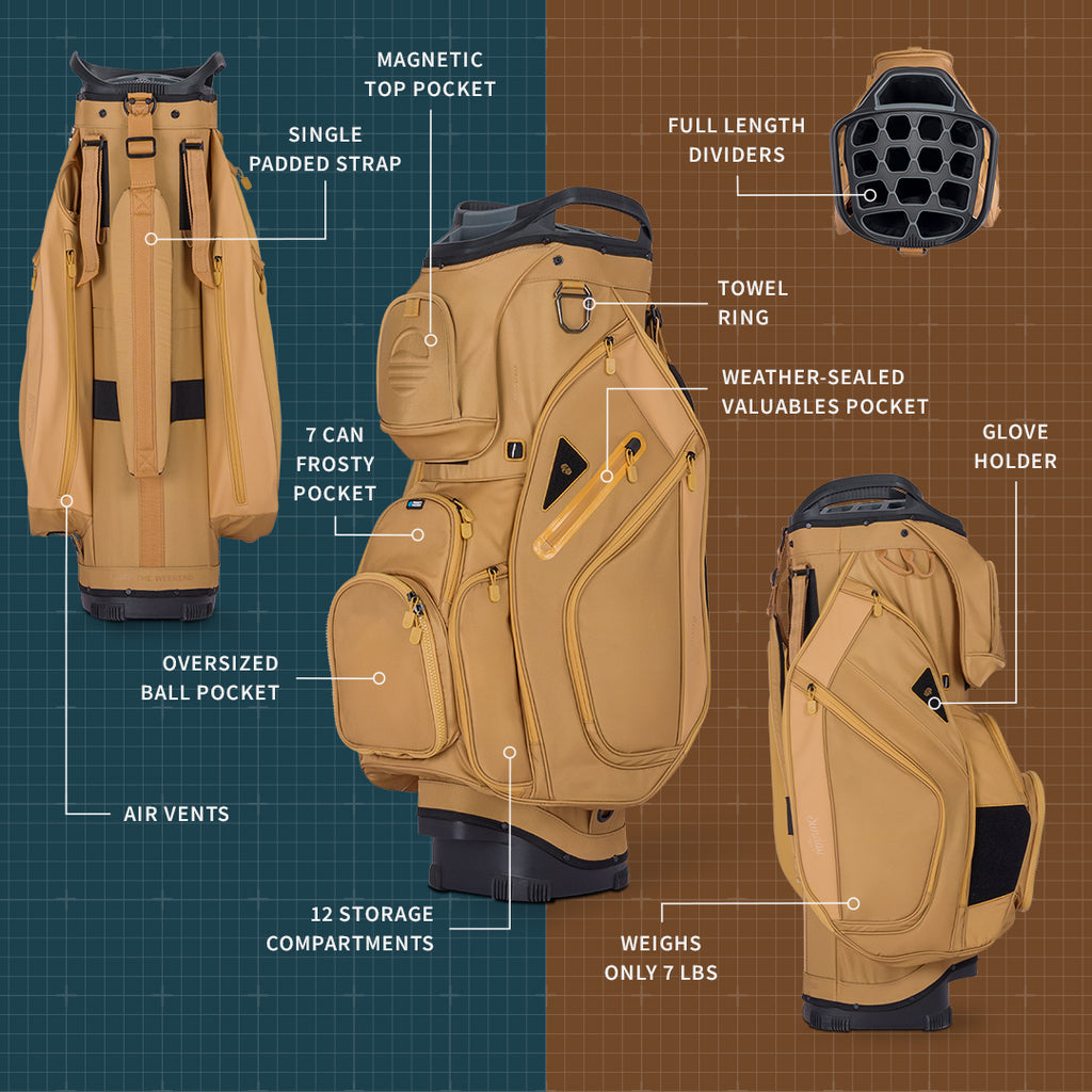 A product description image of Big Rig golf bag in clay thompson showing key features with labels
