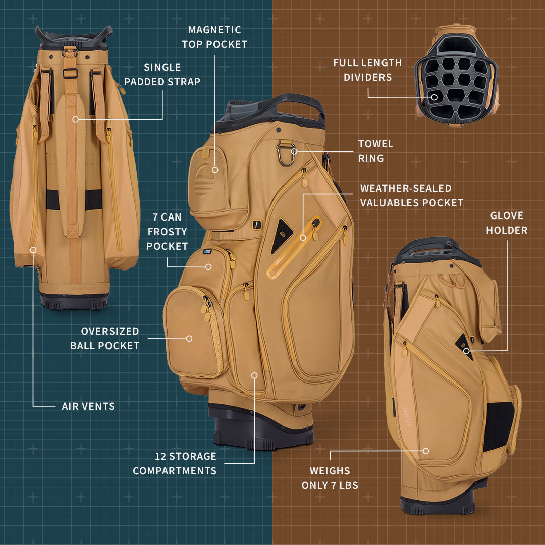 A product description image of Big Rig golf bag in clay thompson showing key features with labels
