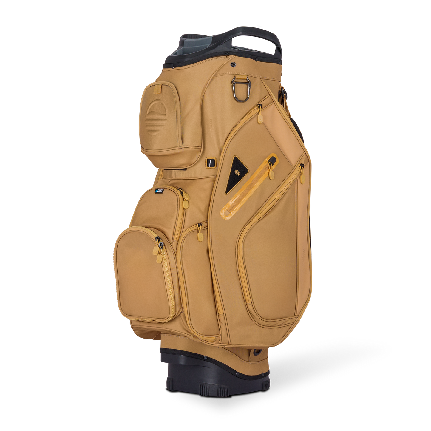 Front shot of Big Rig golf bag in clay thompson showing the pockets and some of its features

