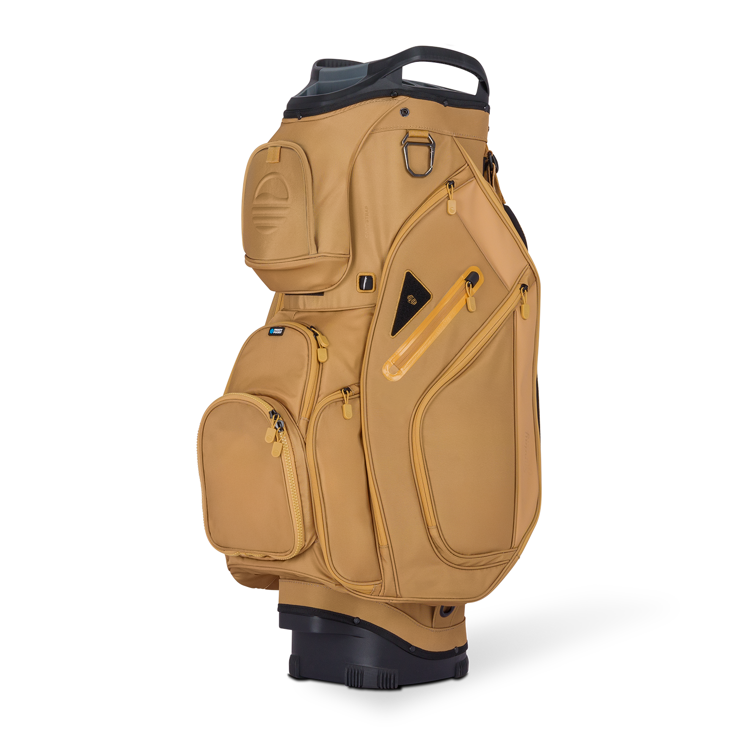 Front shot of Big Rig golf bag in clay thompson showing the pockets and some of its features
