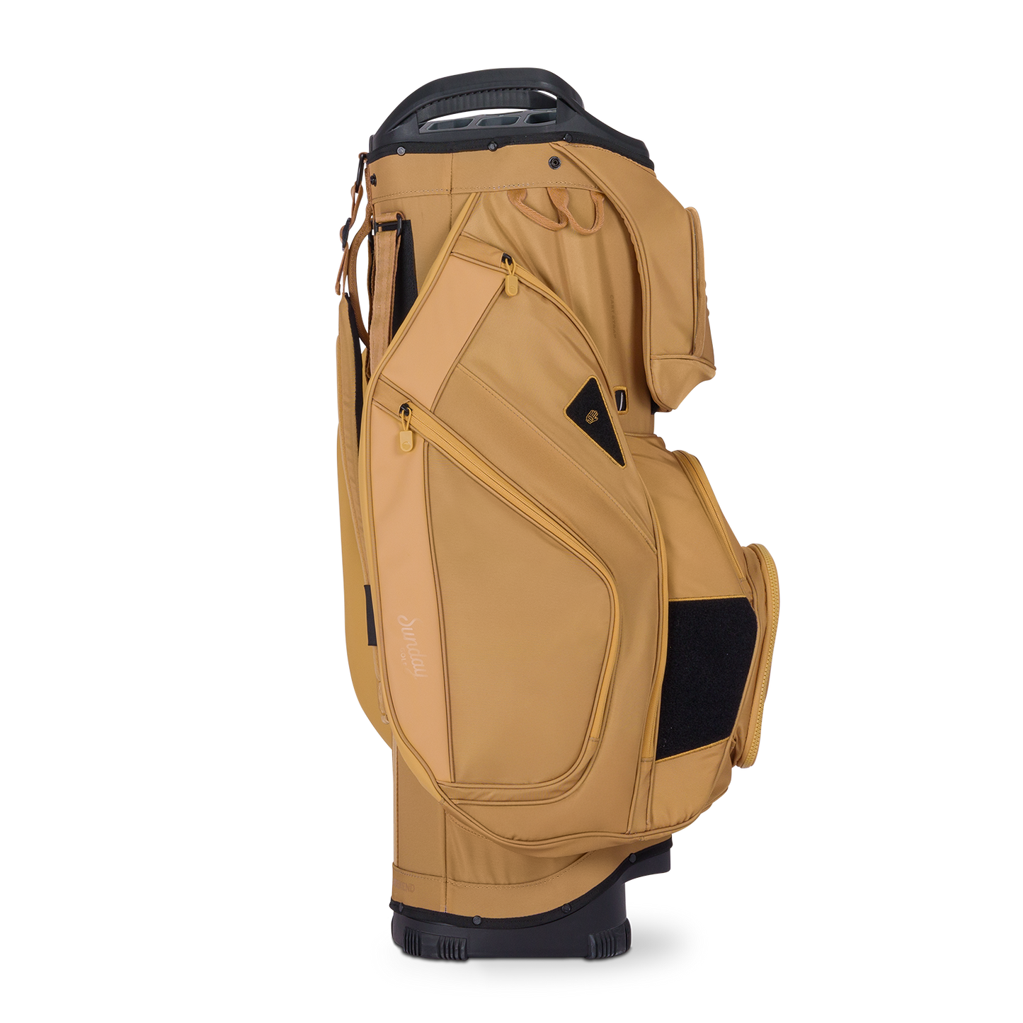 Side shot of Big Rig golf bag in clay thompson showing the glove holder, easy access pockets and other features of the bag
