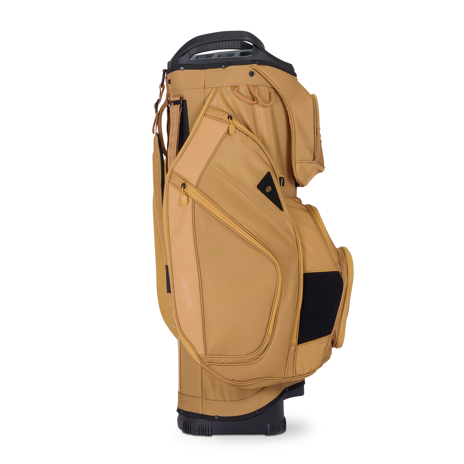 Side shot of Big Rig golf bag in clay thompson showing the glove holder, easy access pockets and other features of the bag
