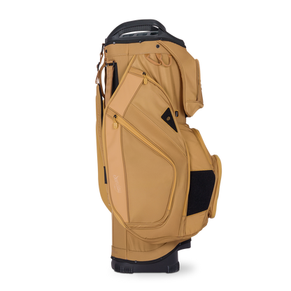 Side shot of Big Rig golf bag in clay thompson showing the glove holder, easy access pockets and other features of the bag
