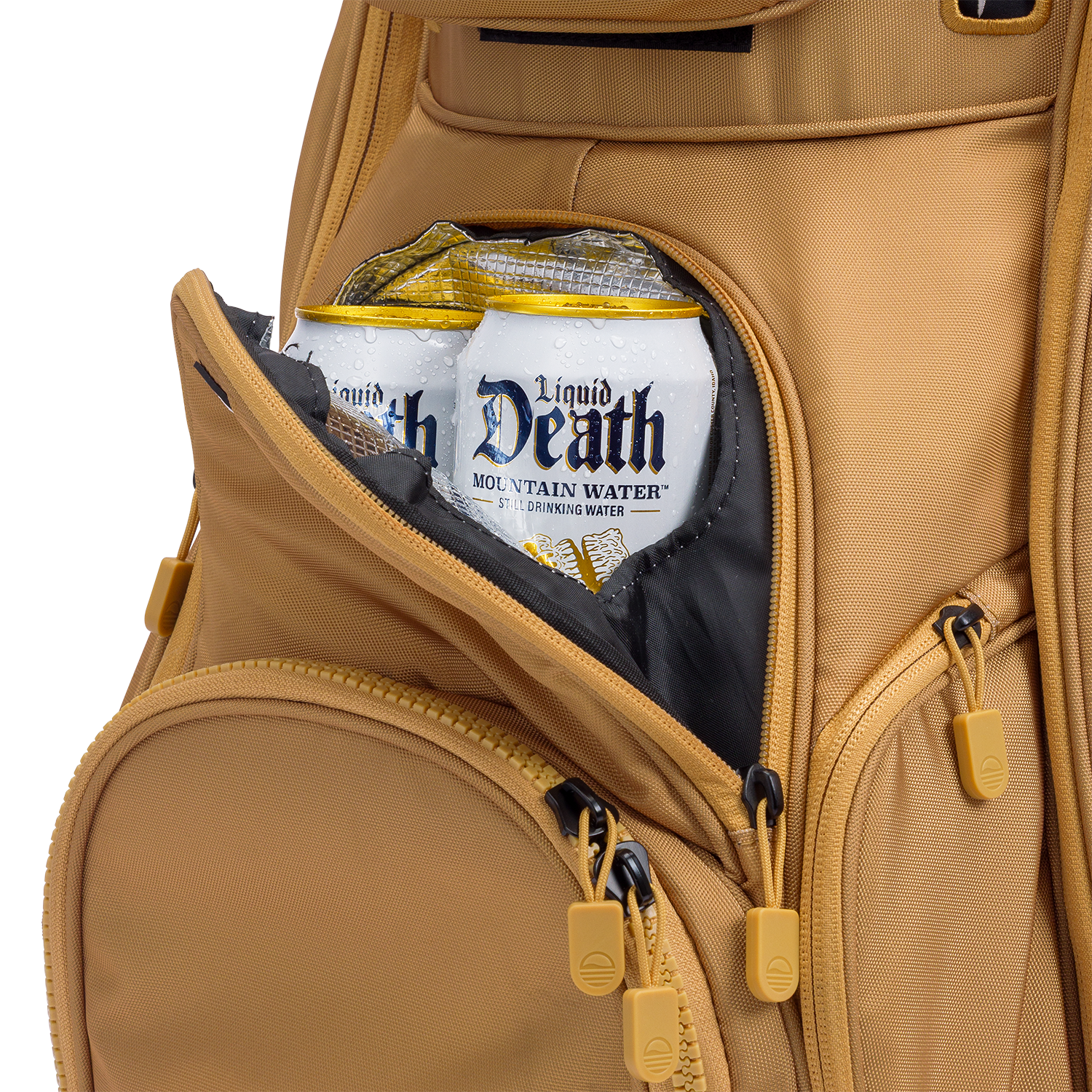A close up shot of clay thompson Big Rig golf bag's frosty pocket with canned drinks inside
