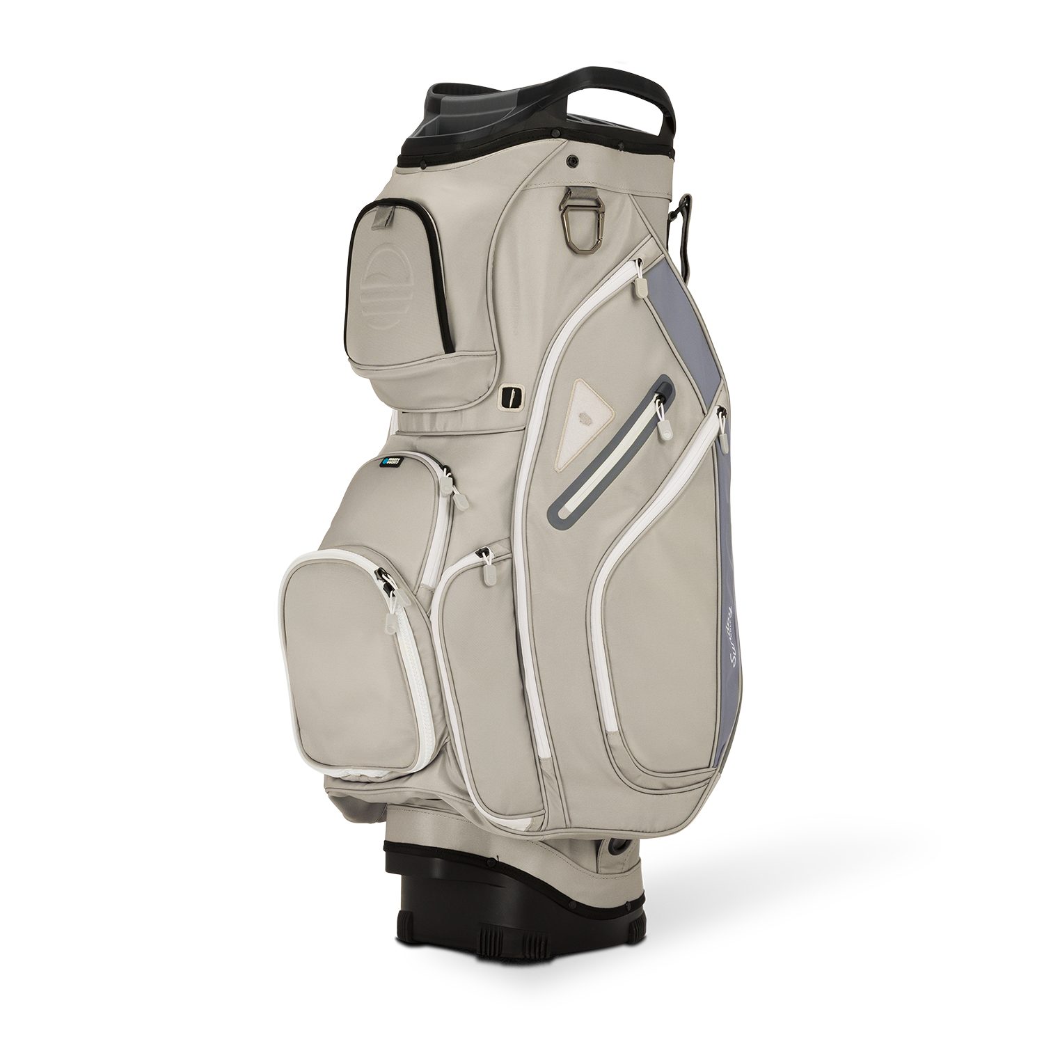 Front shot of Big Rig golf bag in Cool Gray showing the pockets and some of its features