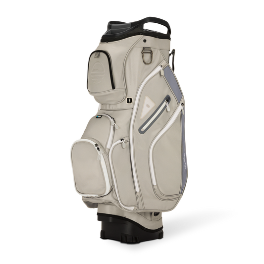 Front shot of Big Rig golf bag in Cool Gray showing the pockets and some of its features