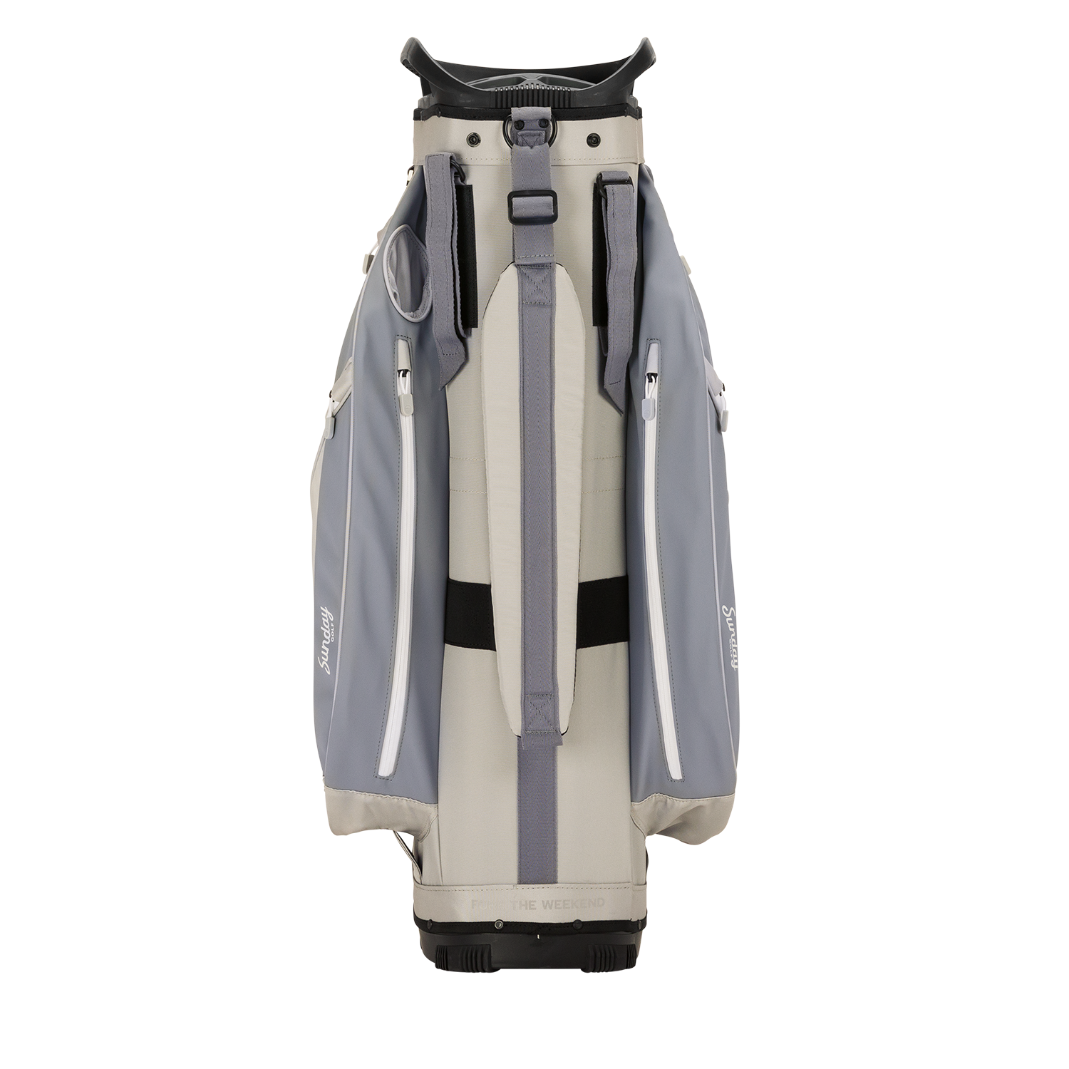 Back shot of Big Rig golf bag in Cool Gray showing the strap of the band
