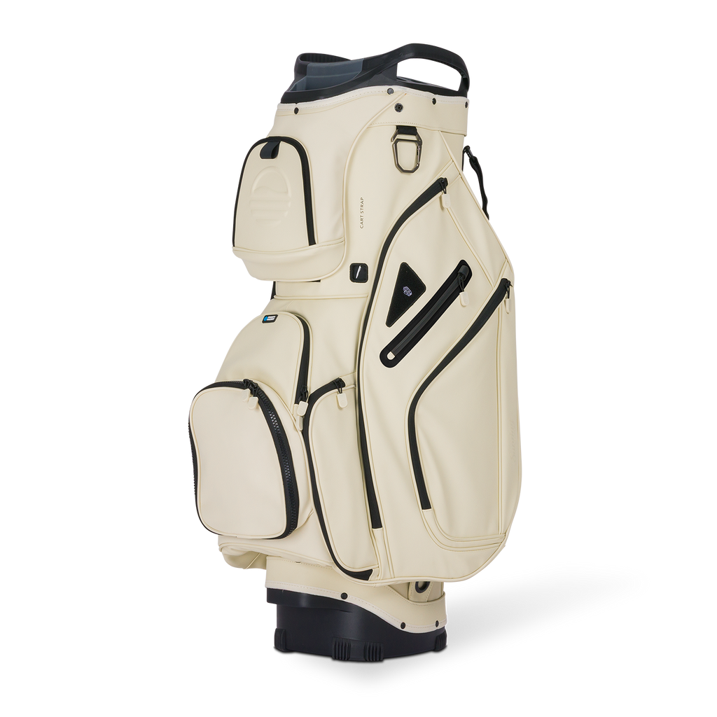 Front shot of Big Rig S-class golf bag in Cream showing the pockets and some of its features
