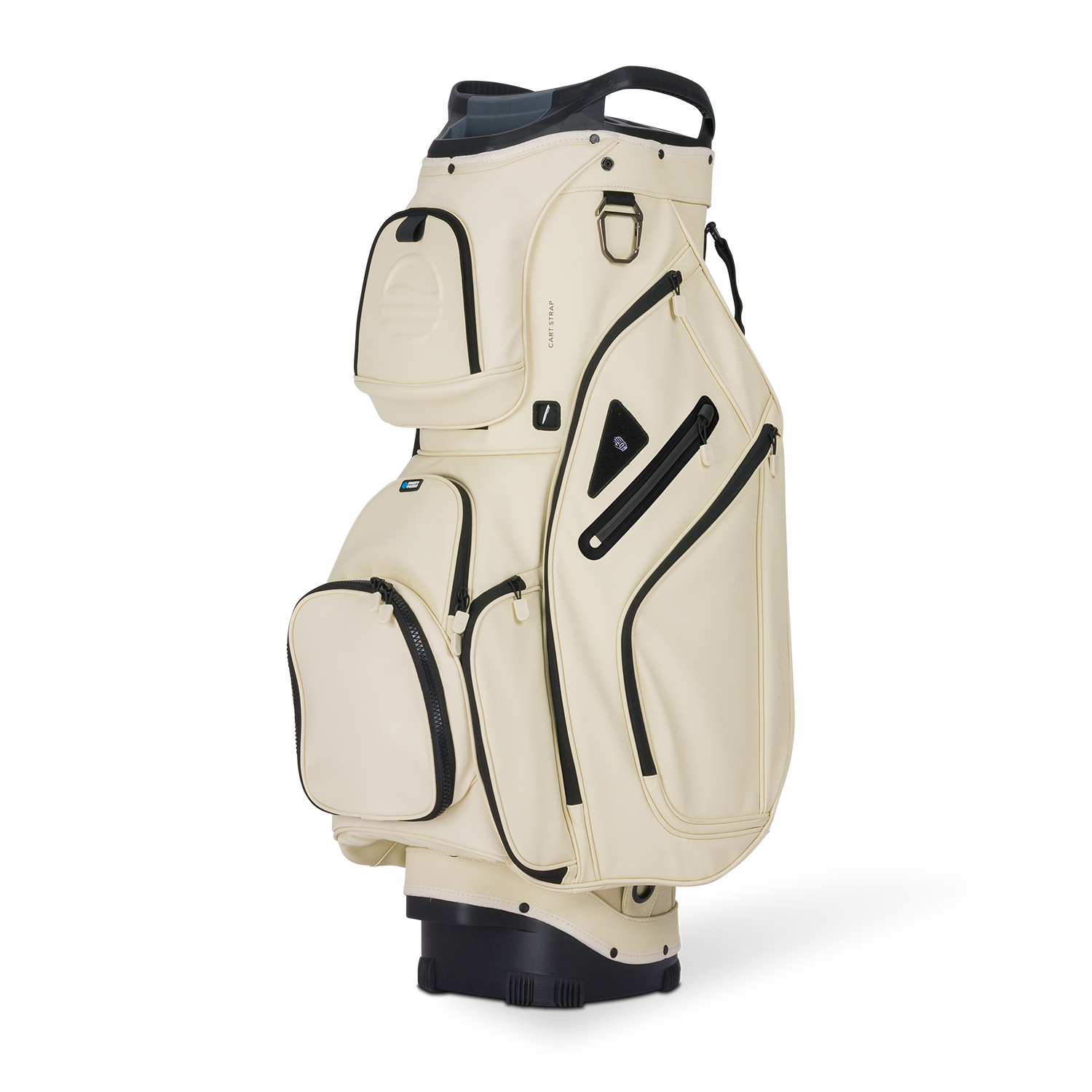 Front shot of Big Rig S-class golf bag in Cream showing the pockets and some of its features
