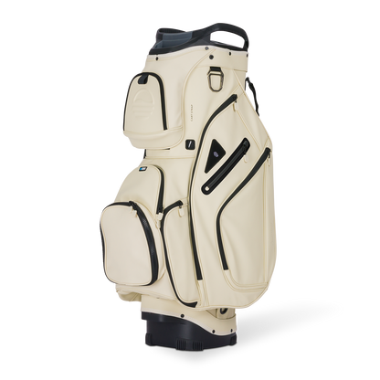 Front shot of Big Rig S-class golf bag in Cream showing the pockets and some of its features
