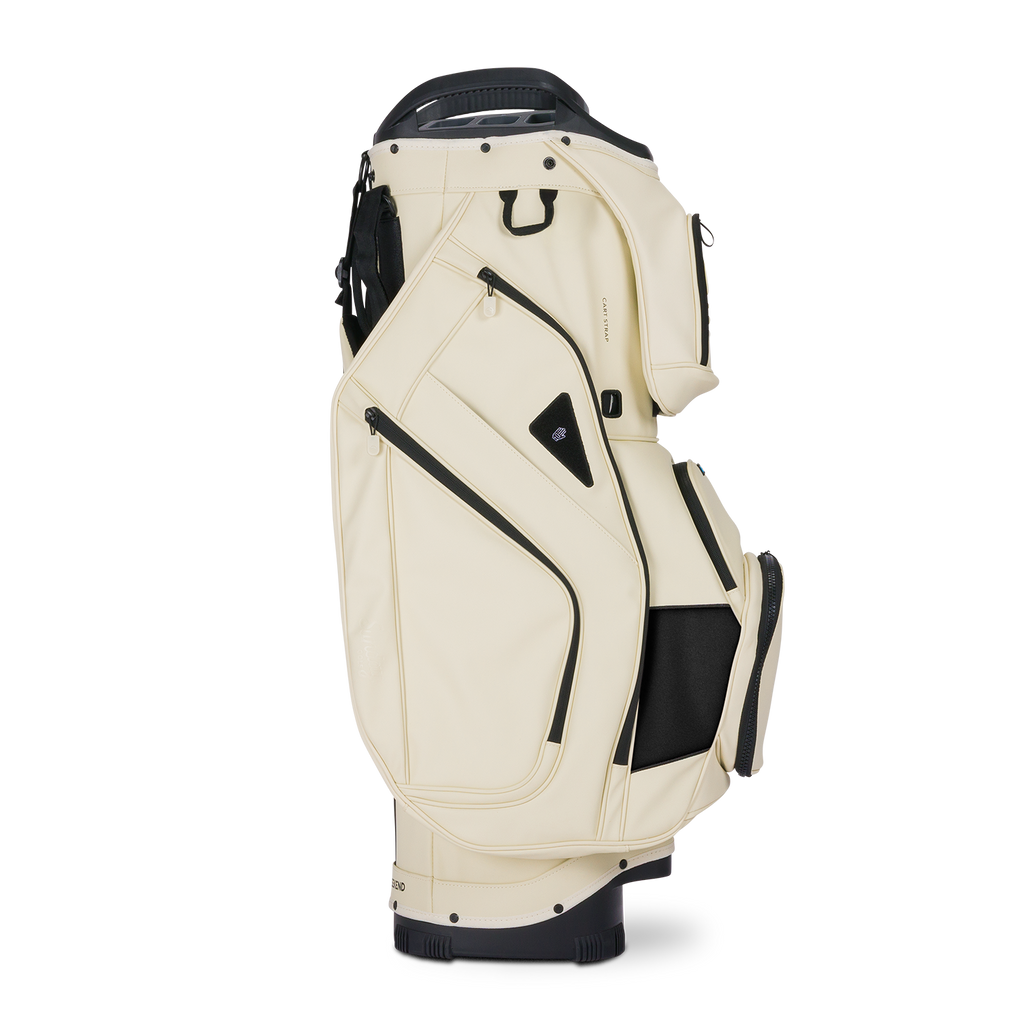 Side shot of Big Rig S-class golf bag in Cream showing the glove holder, easy access pockets and other features of the bag
