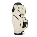 Side shot of Big Rig S-class golf bag in Cream showing the glove holder, easy access pockets and other features of the bag
