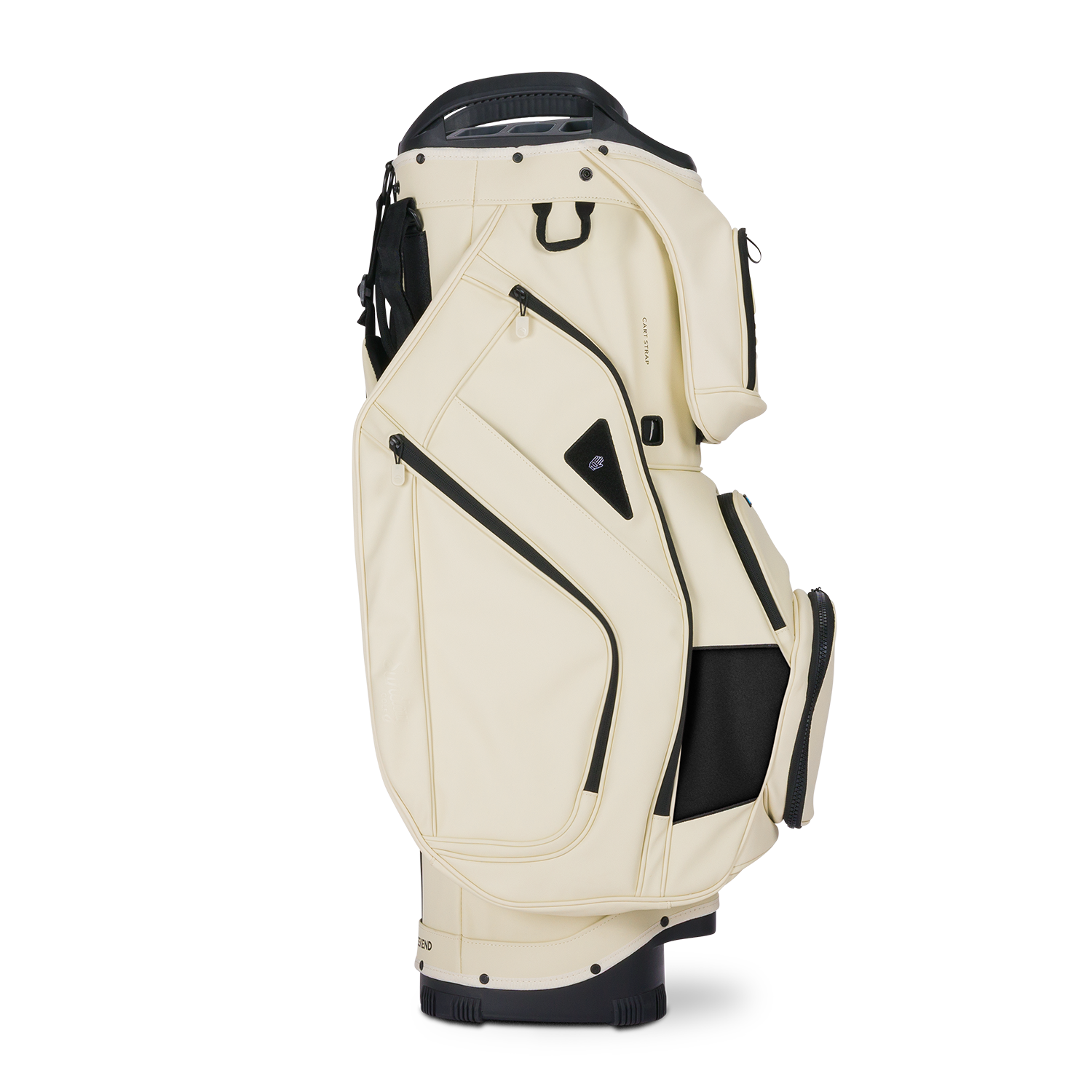 Side shot of Big Rig S-class golf bag in Cream showing the glove holder, easy access pockets and other features of the bag
