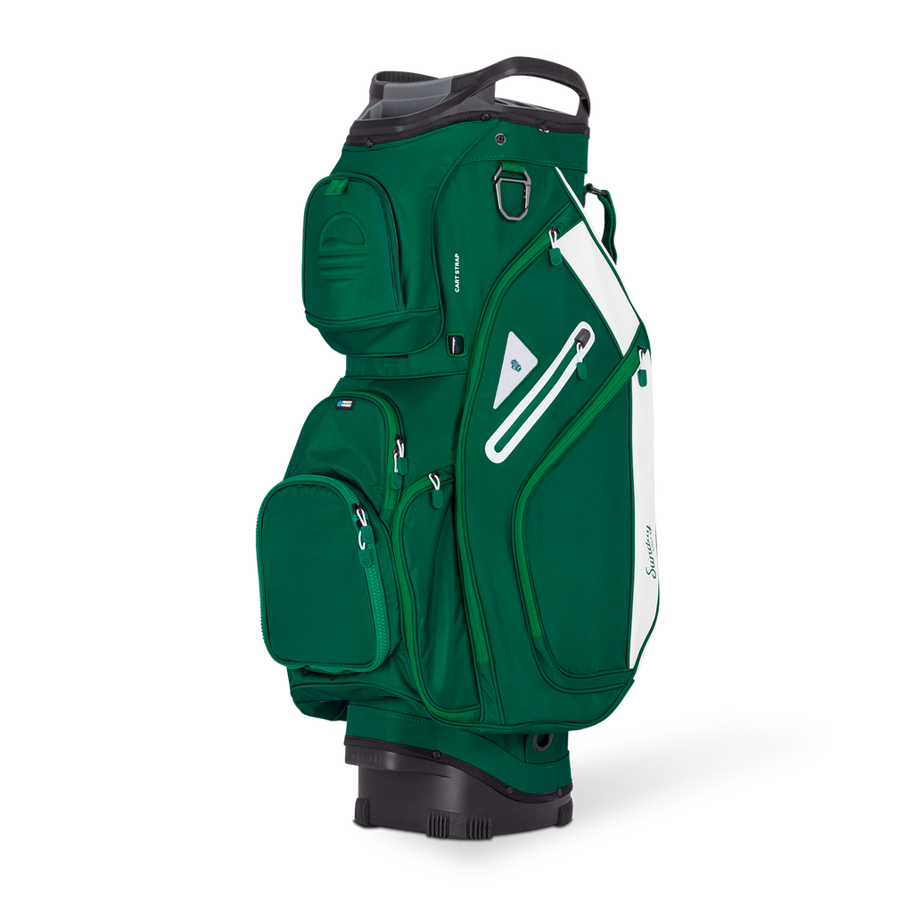 Front shot of Big Rig golf bag in evergreen showing the pockets and some of its features
