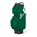 Front shot of Big Rig golf bag in evergreen showing the pockets and some of its features
