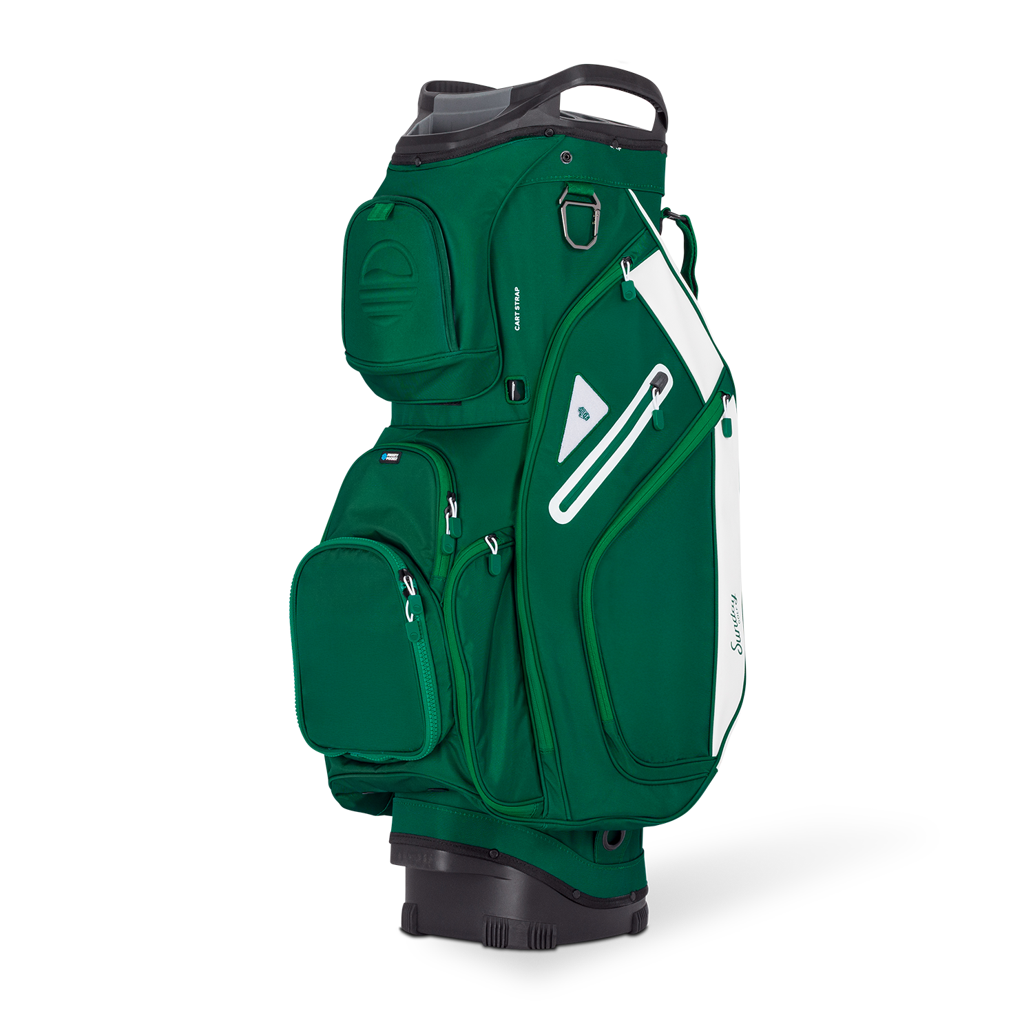 Front shot of Big Rig golf bag in evergreen showing the pockets and some of its features
