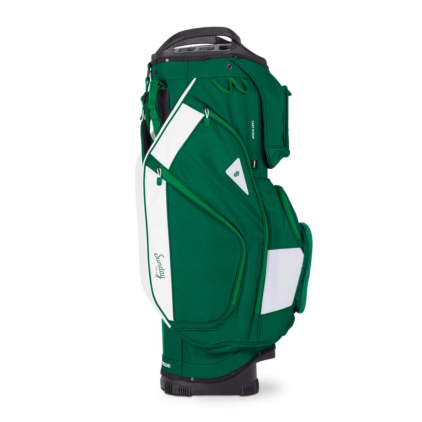 Side shot of Big Rig golf bag in evergreen showing the glove holder, easy access pockets and other features of the bag

