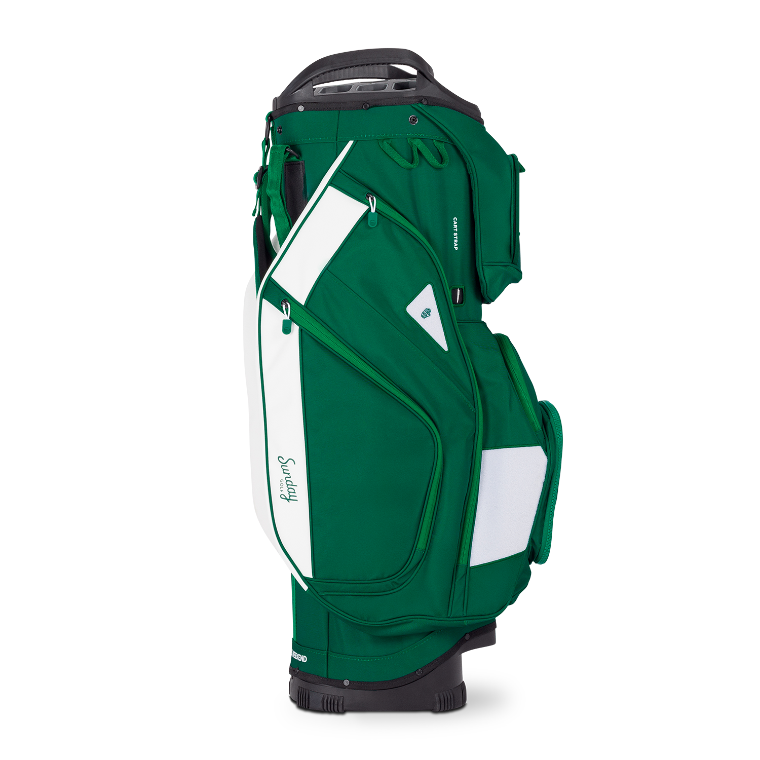 Side shot of Big Rig golf bag in evergreen showing the glove holder, easy access pockets and other features of the bag
