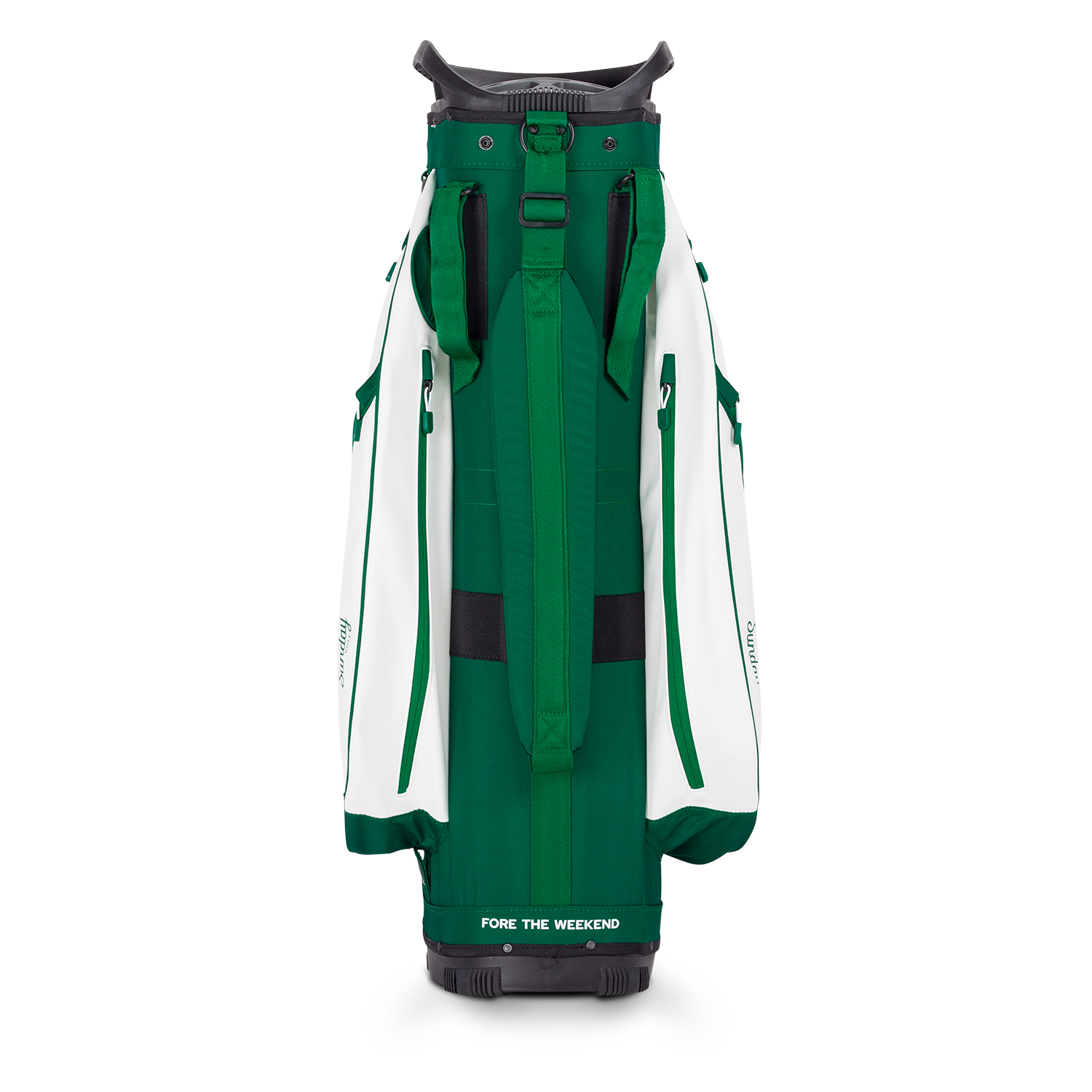 Back shot of Big Rig golf bag in evergreen showing the strap of the band
