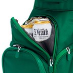 A close up shot of evergreen Big Rig golf bag's frosty pocket with canned drinks inside
