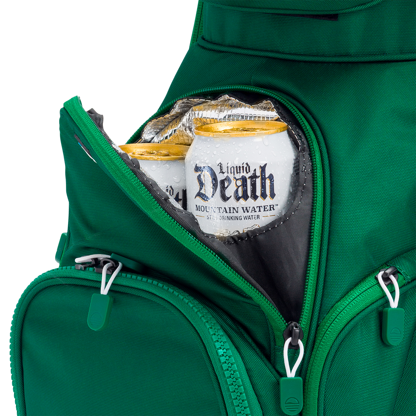 A close up shot of evergreen Big Rig golf bag's frosty pocket with canned drinks inside

