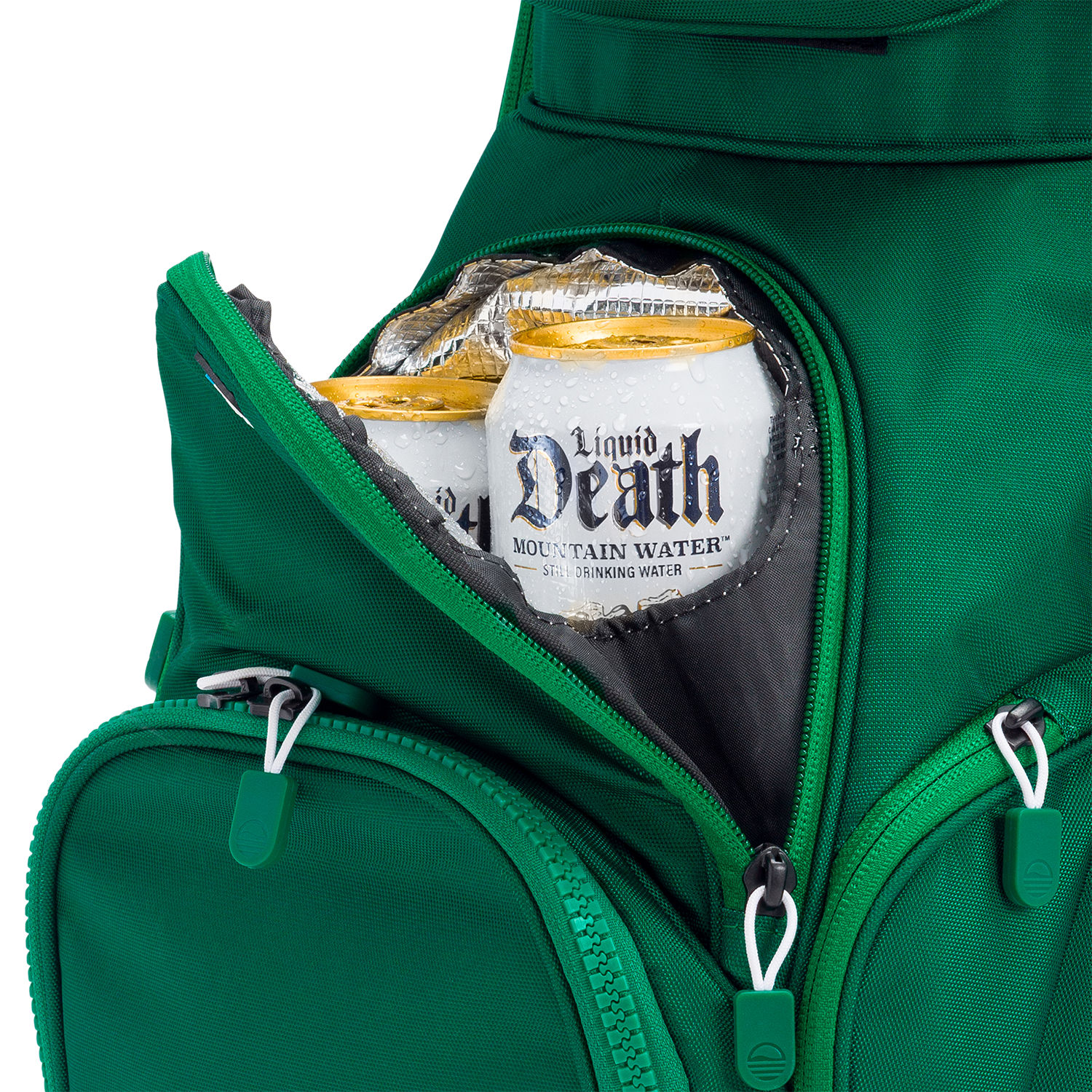 A close up shot of evergreen Big Rig golf bag's frosty pocket with canned drinks inside
