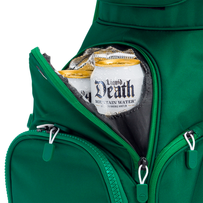 A close up shot of evergreen Big Rig golf bag's frosty pocket with canned drinks inside
