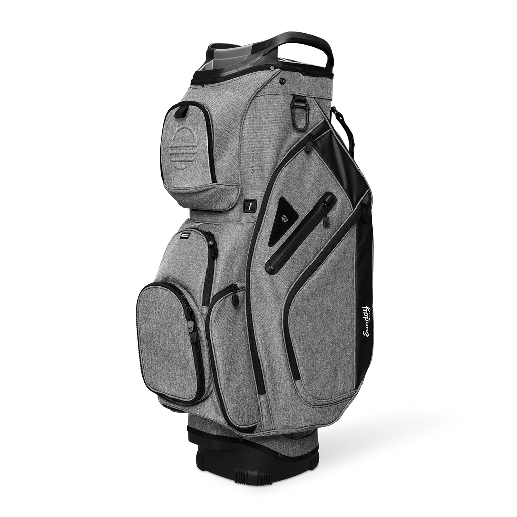 Front shot of Big Rig golf bag in heather gray showing the pockets and some of its features