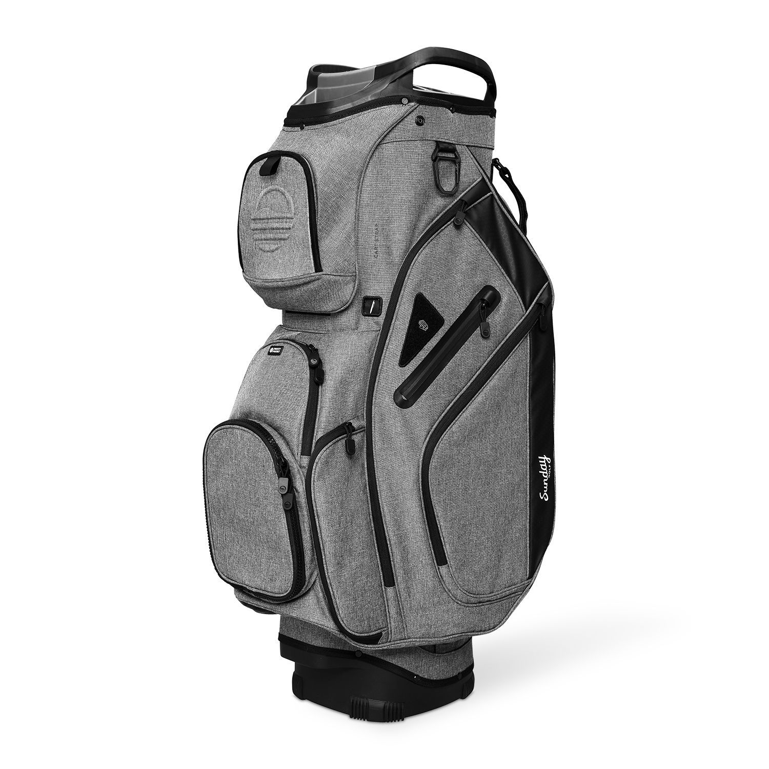 Front shot of Big Rig golf bag in heather gray showing the pockets and some of its features