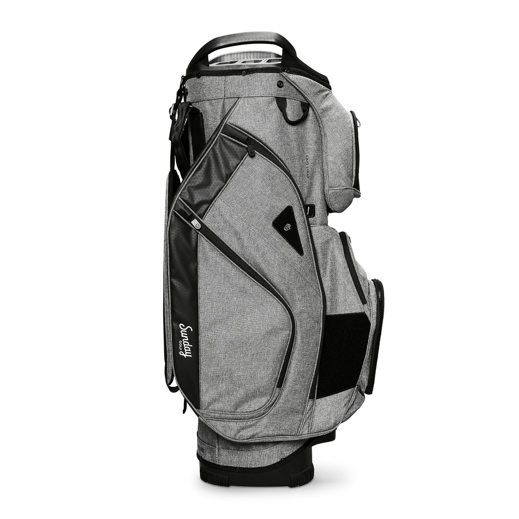 Side shot of Big Rig golf bag in heather gray showing the glove holder, easy access pockets and other features of the bag
