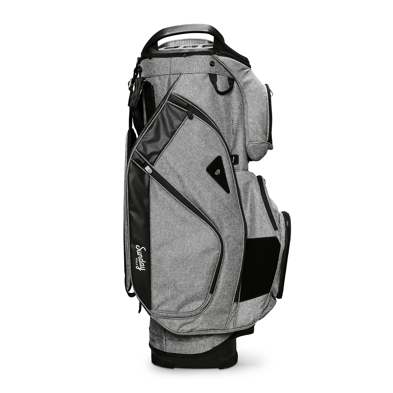 Side shot of Big Rig golf bag in heather gray showing the glove holder, easy access pockets and other features of the bag
