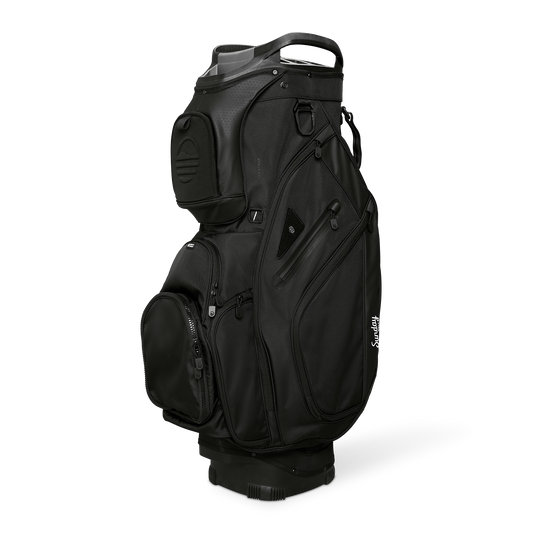 Front shot of Big Rig golf bag in matte black showing the pockets and some of its features