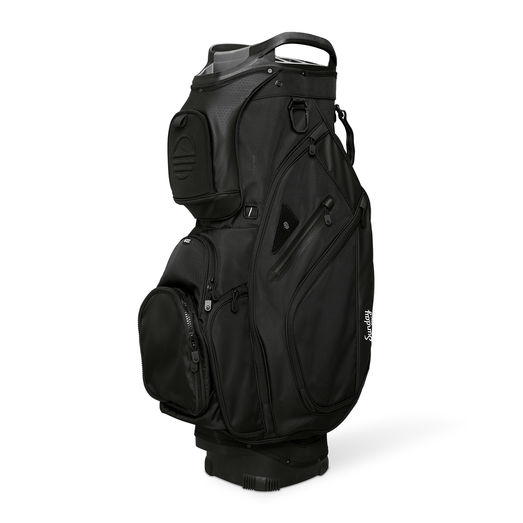 Front shot of Big Rig golf bag in matte black showing the pockets and some of its features