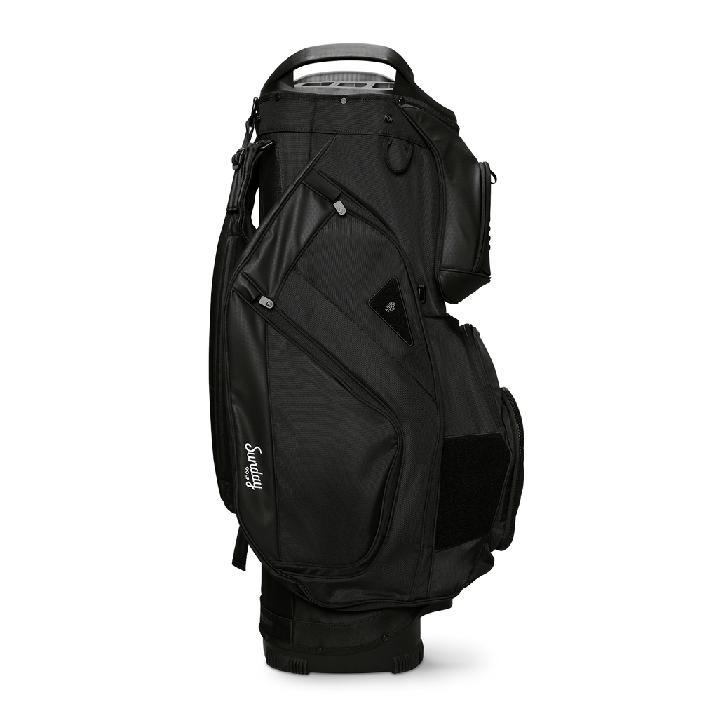 Side shot of Big Rig golf bag in matte black showing the glove holder, easy access pockets and other features of the bag