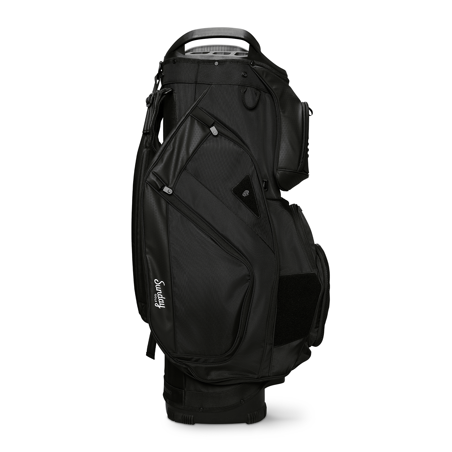 Side shot of Big Rig golf bag in matte black showing the glove holder, easy access pockets and other features of the bag