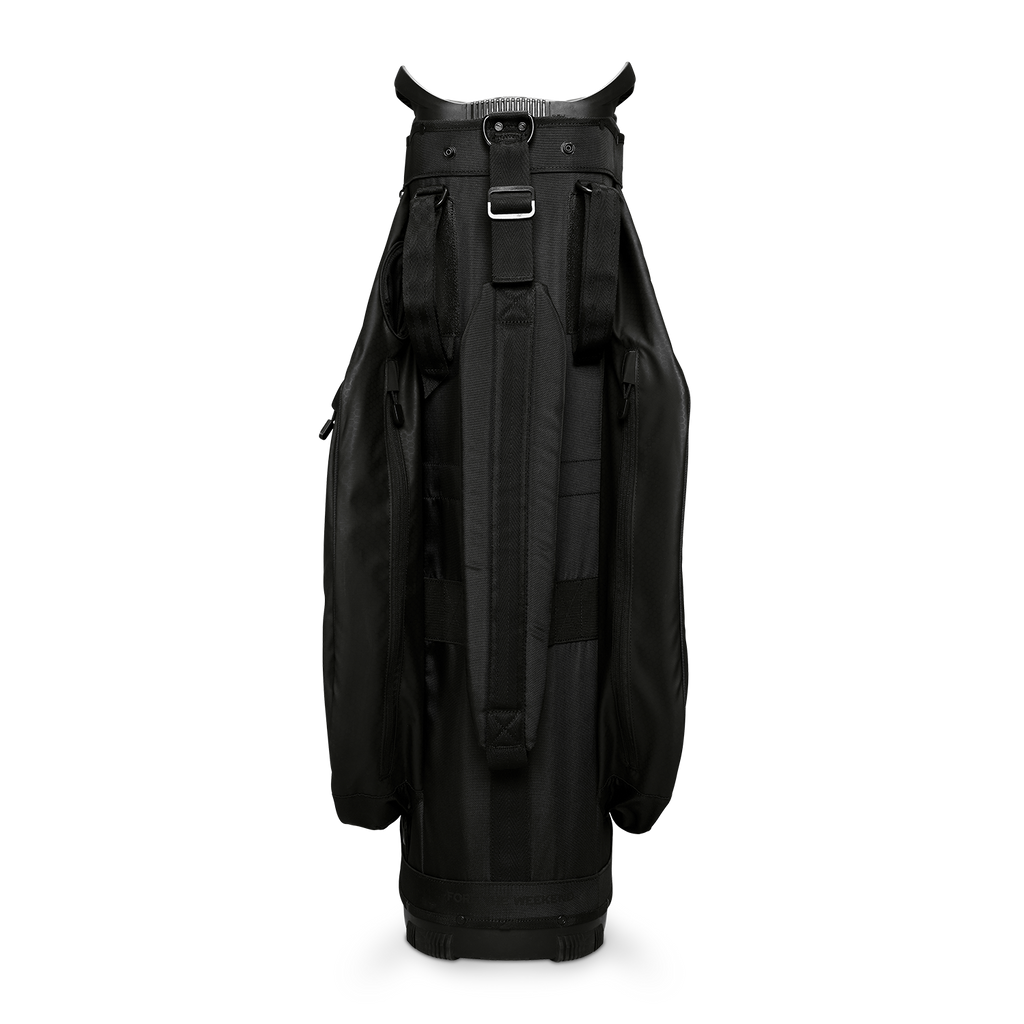 Back shot of Big Rig golf bag in matte black showing the strap of the bag