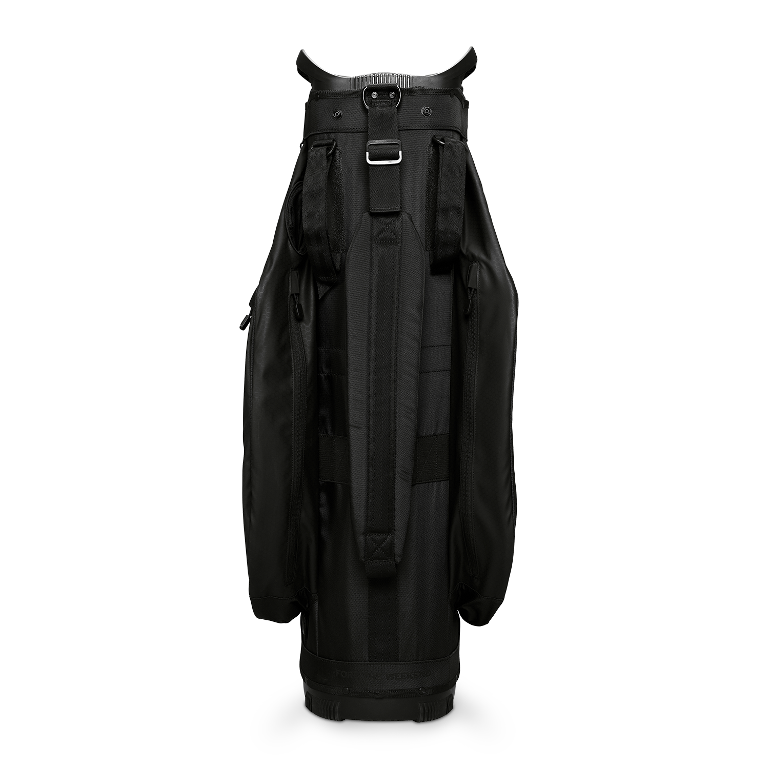 Back shot of Big Rig golf bag in matte black showing the strap of the bag