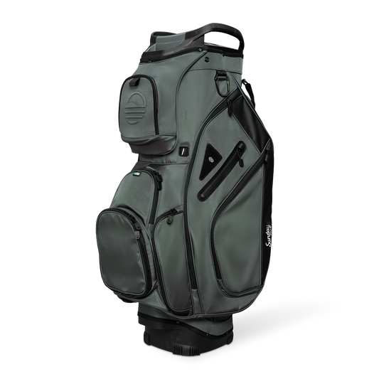 Front shot of Big Rig golf bag in midnight green showing the pockets and some of its features