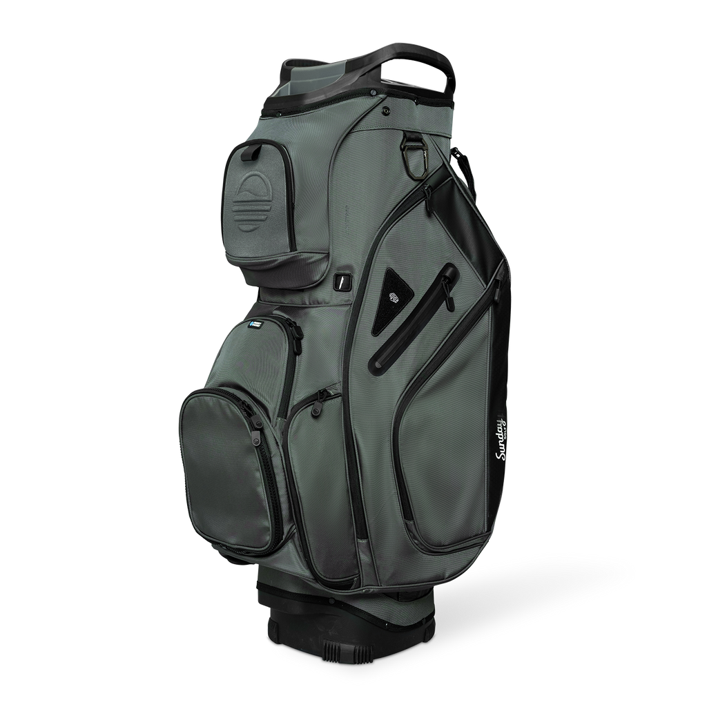 Front shot of Big Rig golf bag in midnight green showing the pockets and some of its features